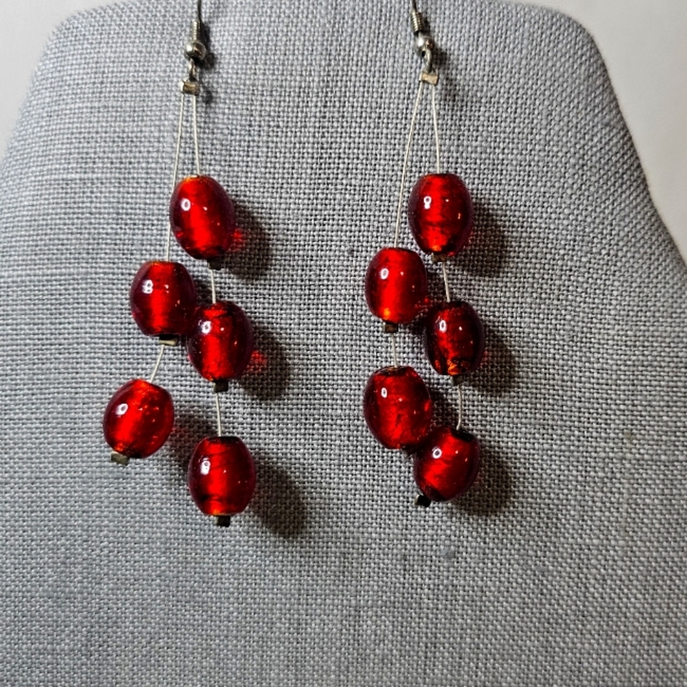 Red Glass Beaded Dangle Earrings